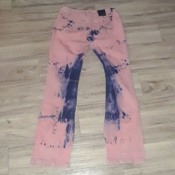 Ecko Red Pink and Blue Denim Jeans Bleached Straight Leg 7 - Picture 3 of 4